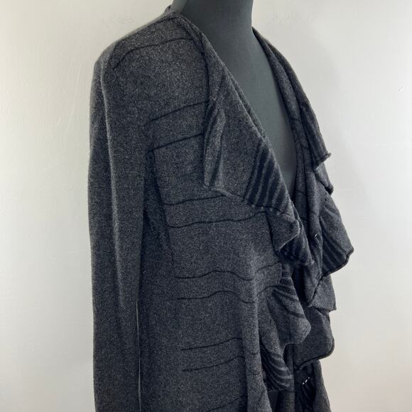Eileen Fisher Gray Black Merino Wool-Cashmere Ruffle Waterfall Cardigan Size S - Picture 2 of 8